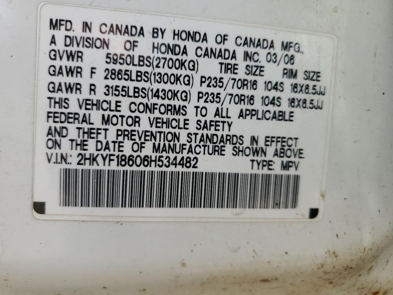 2006 Honda Pilot Ex VIN: 2HKYF18606H534482 Lot: 69762335