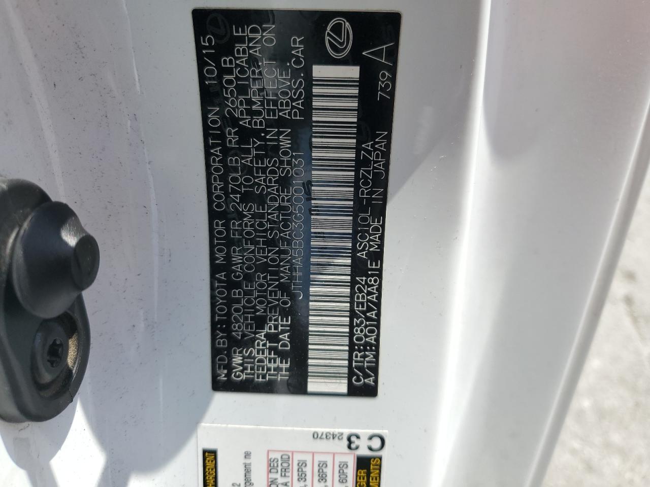 2016 Lexus Rc 200T VIN: JTHHA5BC3G5001031 Lot: 67805355