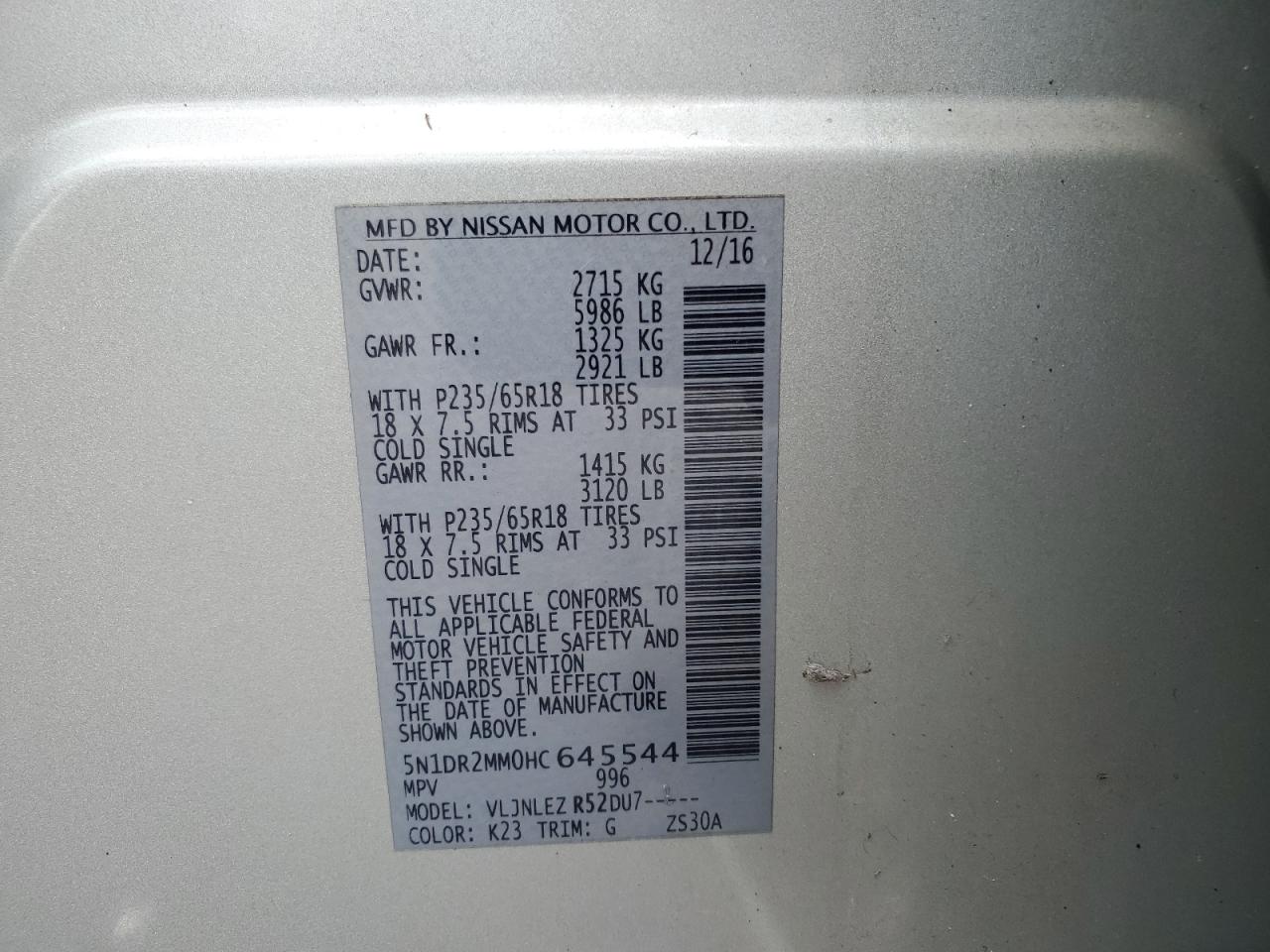 2017 Nissan Pathfinder S VIN: 5N1DR2MM0HC645544 Lot: 68413595