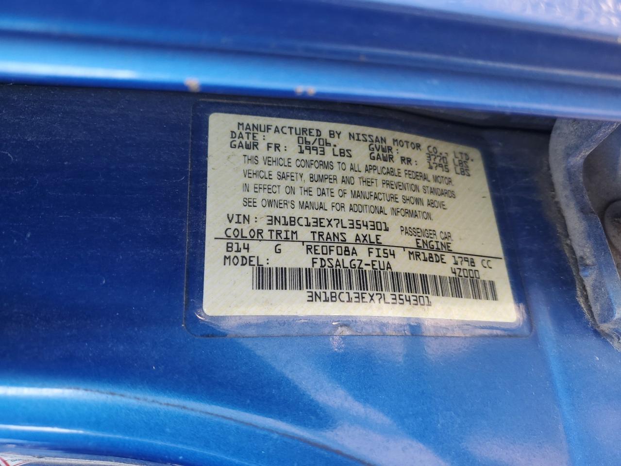 2007 Nissan Versa S VIN: 3N1BC13EX7L354301 Lot: 69593855