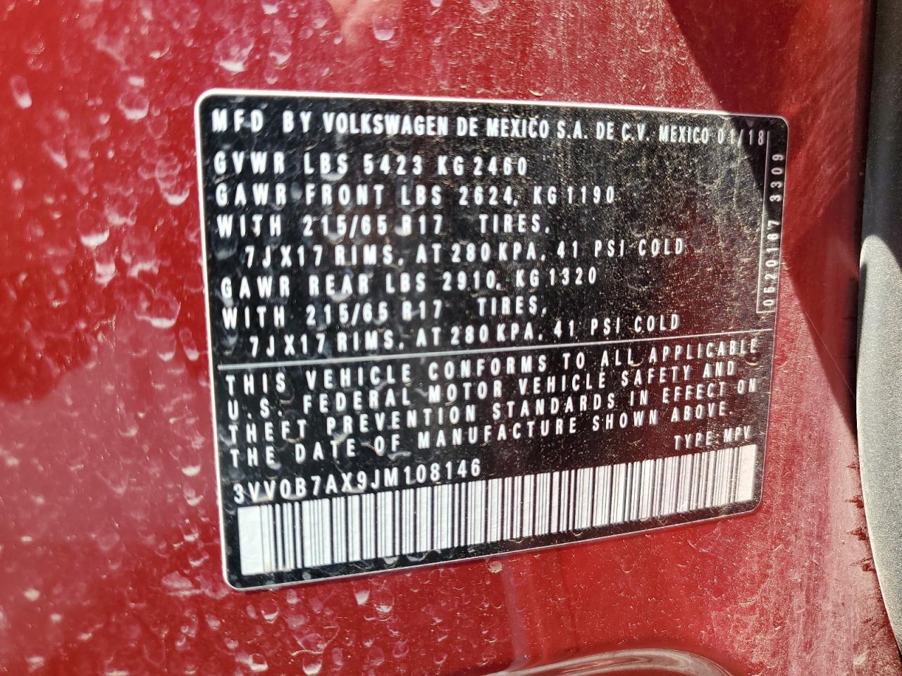 2018 Volkswagen Tiguan S VIN: 3VV0B7AX9JM108146 Lot: 68926075