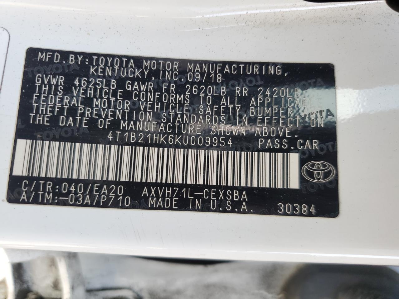 2019 Toyota Camry Hybrid VIN: 4T1B21HK6KU009954 Lot: 68680495