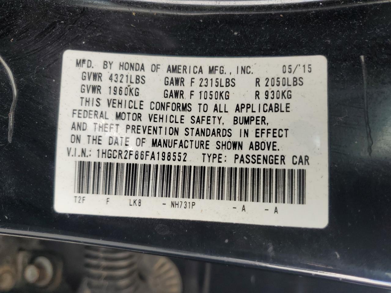 2015 Honda Accord Exl VIN: 1HGCR2F86FA198552 Lot: 67951435