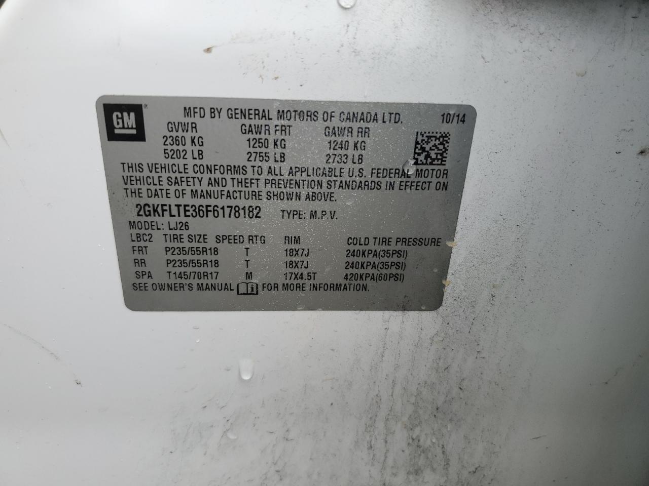 2015 GMC Terrain Slt VIN: 2GKFLTE36F6178182 Lot: 66440975