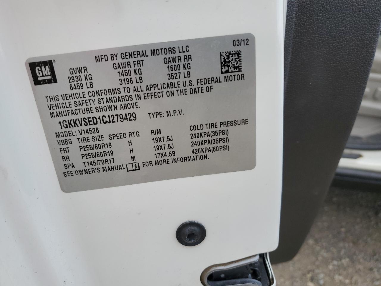 2012 GMC Acadia Slt-2 VIN: 1GKKVSED1CJ279429 Lot: 68262155