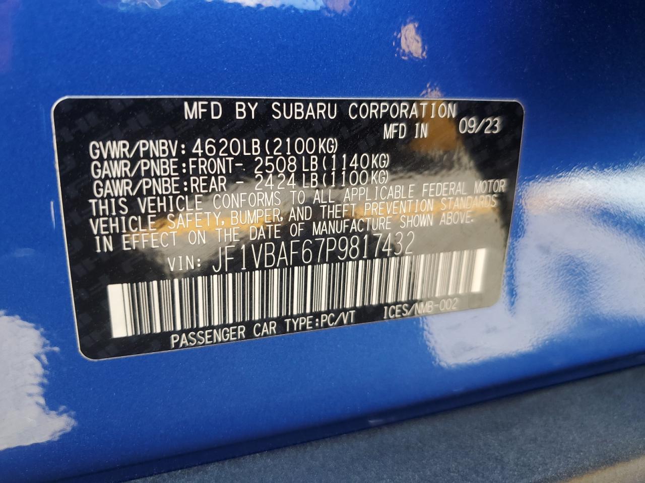 2023 Subaru Wrx Premium VIN: JF1VBAF67P9817432 Lot: 67545365