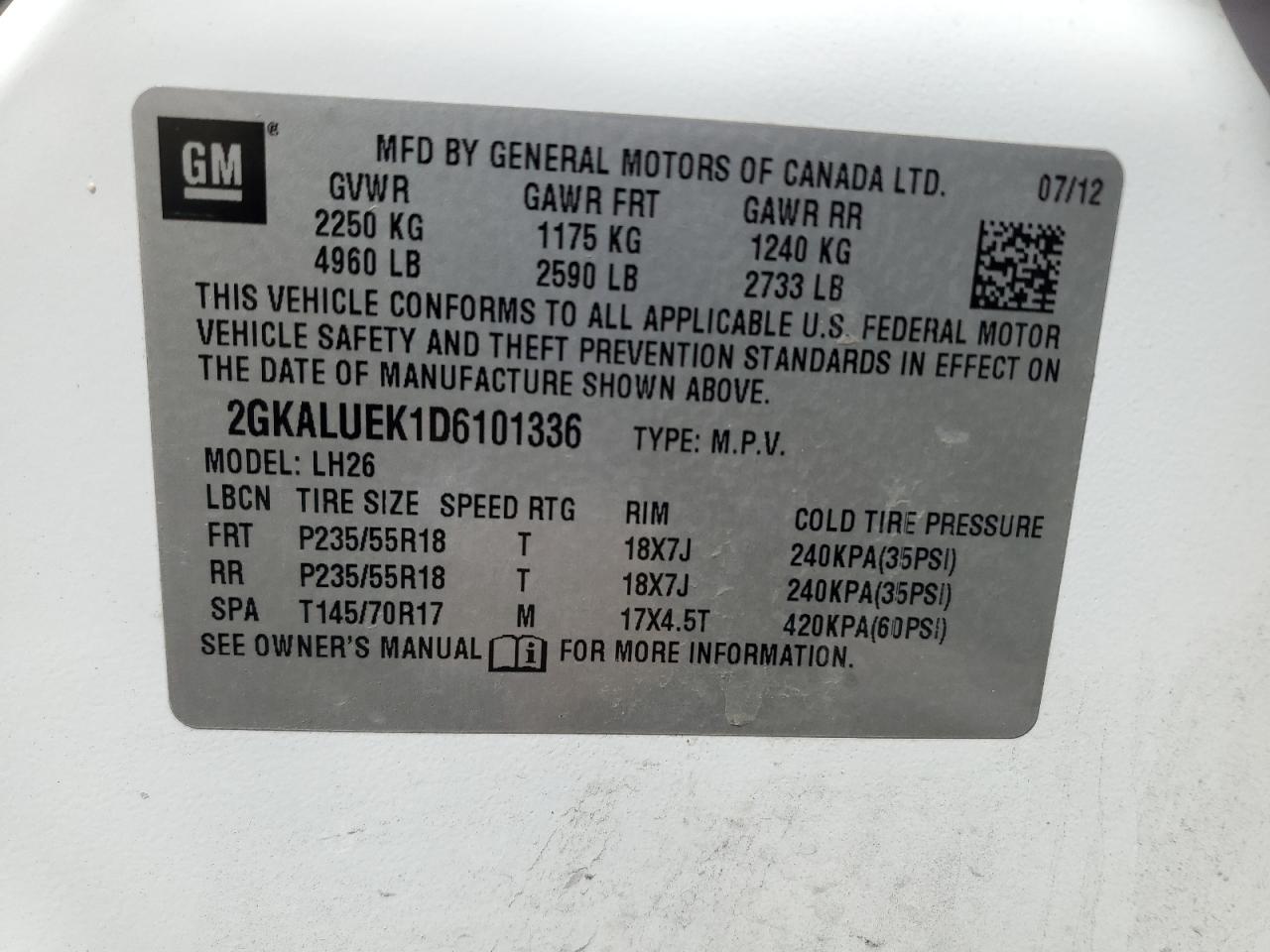 2013 GMC Terrain Slt VIN: 2GKALUEK1D6101336 Lot: 68942795