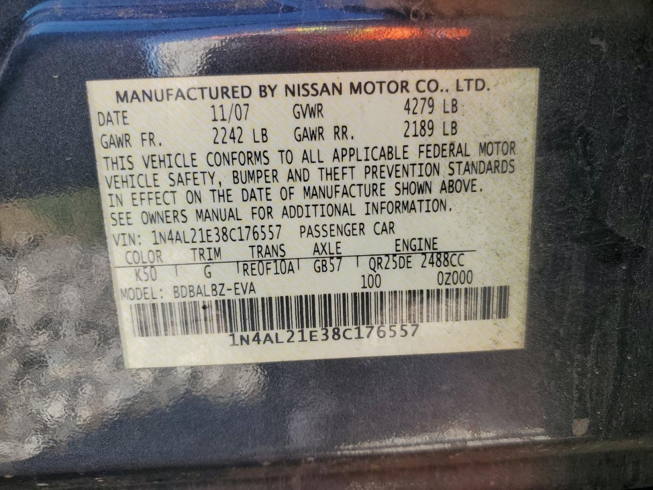 2008 Nissan Altima 2.5 VIN: 1N4AL21E38C176557 Lot: 69065205