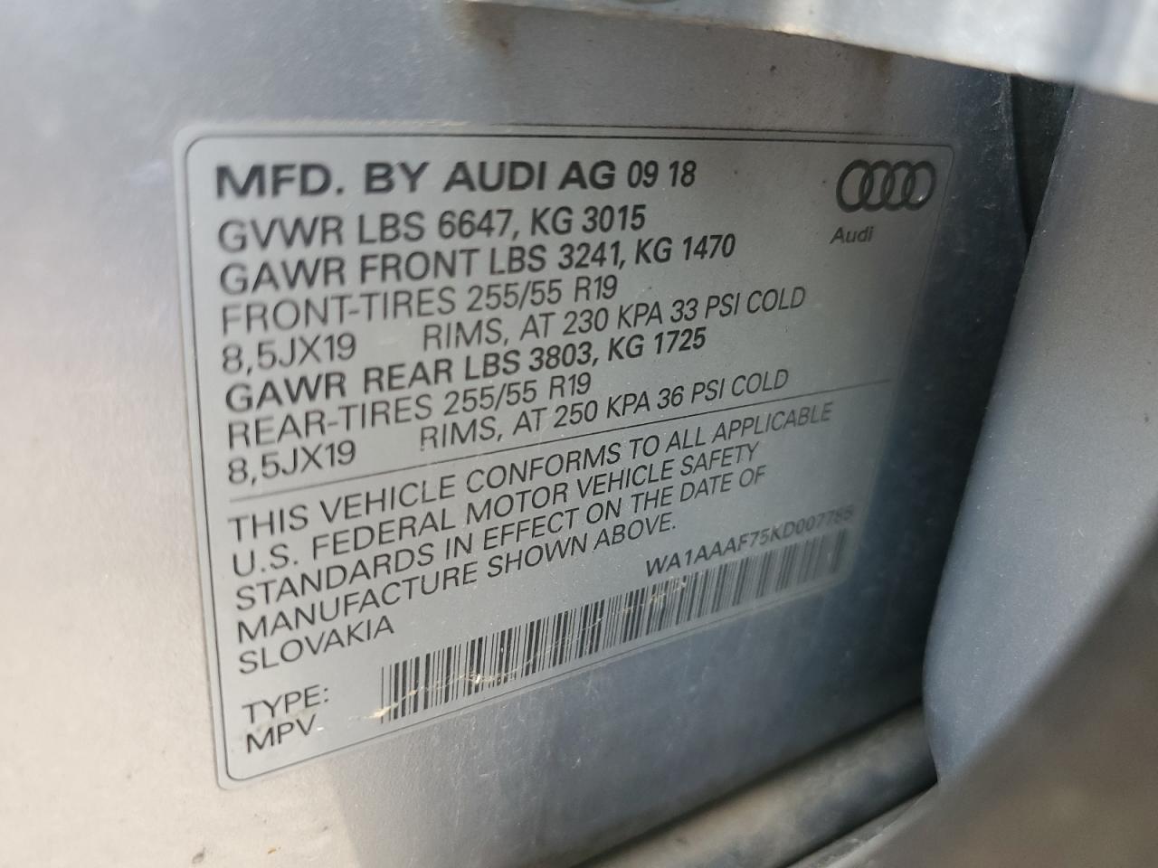 2019 Audi Q7 Premium VIN: WA1AAAF75KD007785 Lot: 70166015