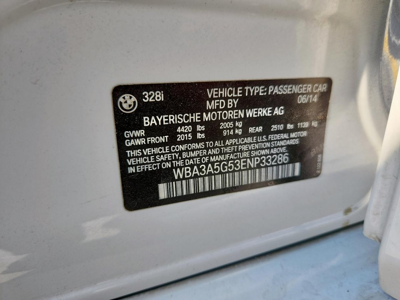 2014 BMW 328 I VIN: WBA3A5G53ENP33286 Lot: 68515065