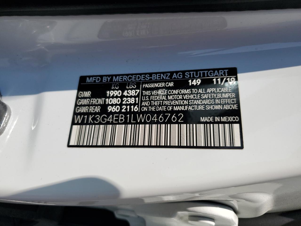 2020 Mercedes-Benz A 220 VIN: W1K3G4EB1LW046762 Lot: 67988835