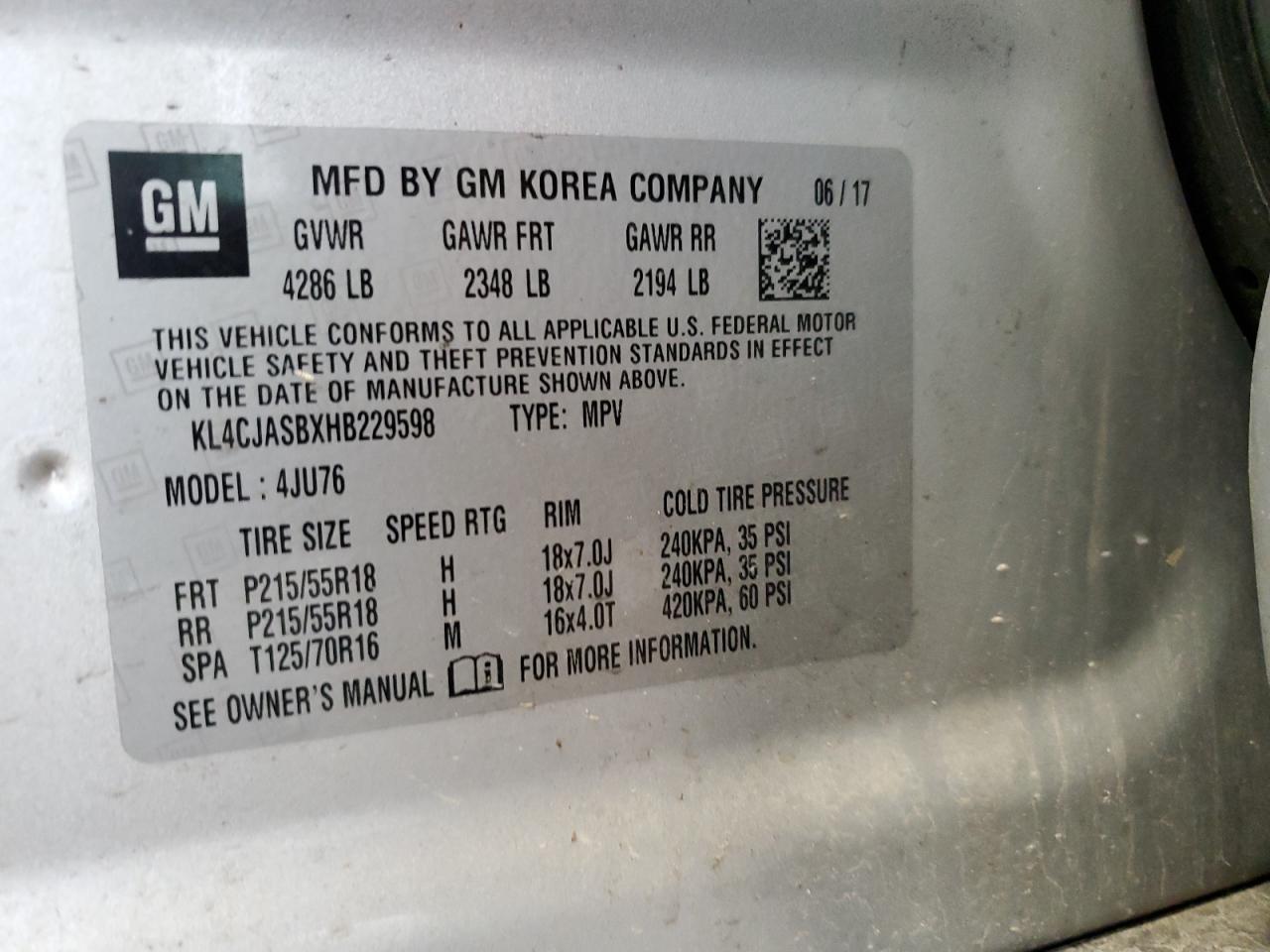 2017 Buick Encore Preferred VIN: KL4CJASBXHB229598 Lot: 67112165