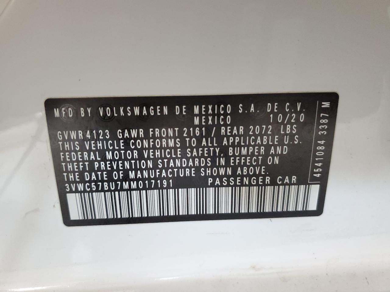 2021 Volkswagen Jetta S VIN: 3VWC57BU7MM017191 Lot: 68710115