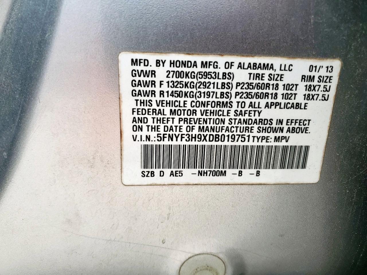 2013 Honda Pilot Touring VIN: 5FNYF3H9XDB019751 Lot: 69503685