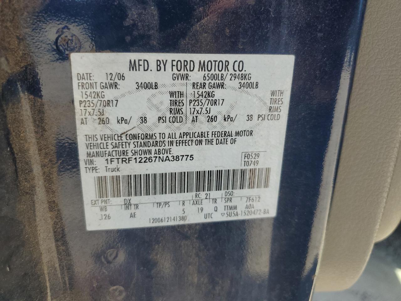 2007 Ford F150 VIN: 1FTRF12267NA38775 Lot: 71071345