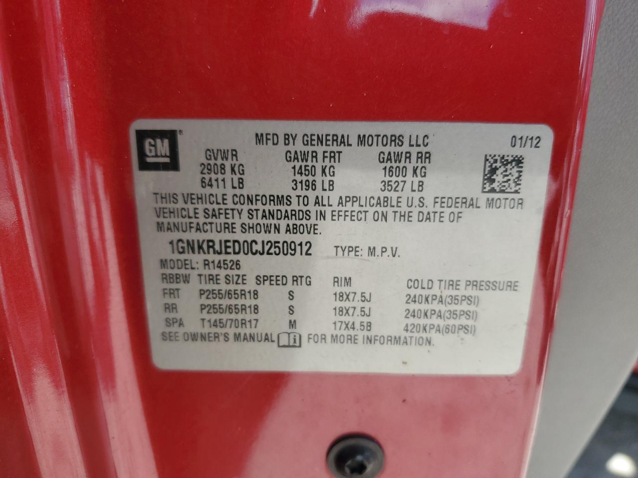 2012 Chevrolet Traverse Lt VIN: 1GNKRJED0CJ250912 Lot: 68532205