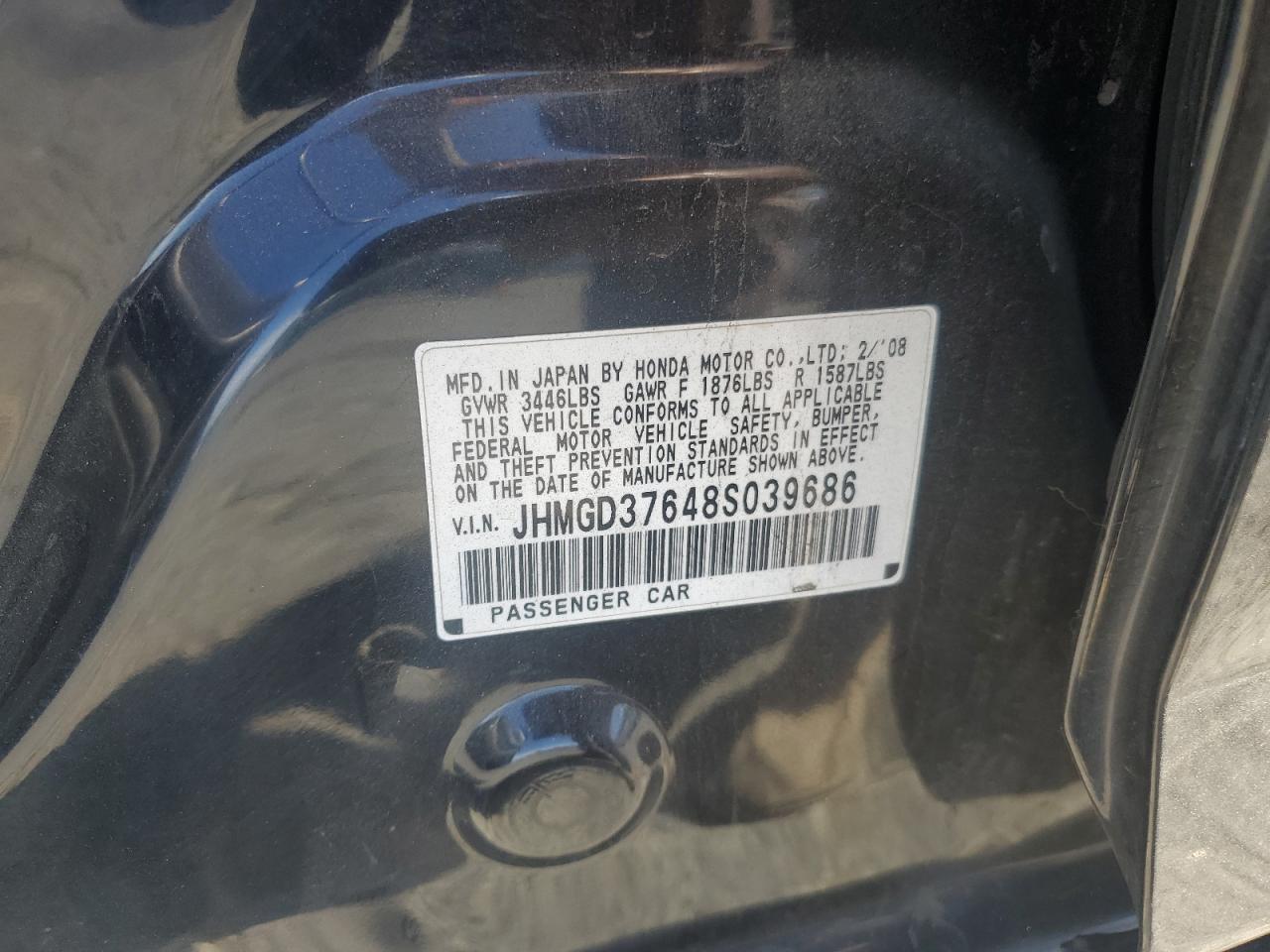 2008 Honda Fit Sport VIN: JHMGD37648S039686 Lot: 68208225