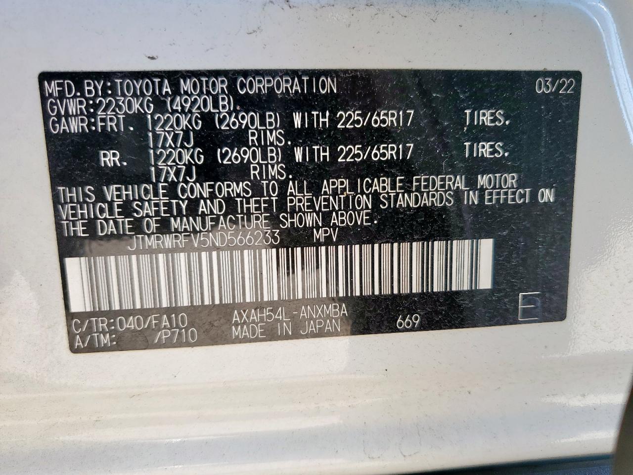 2022 Toyota Rav4 Xle VIN: JTMRWRFV5ND566233 Lot: 70844765