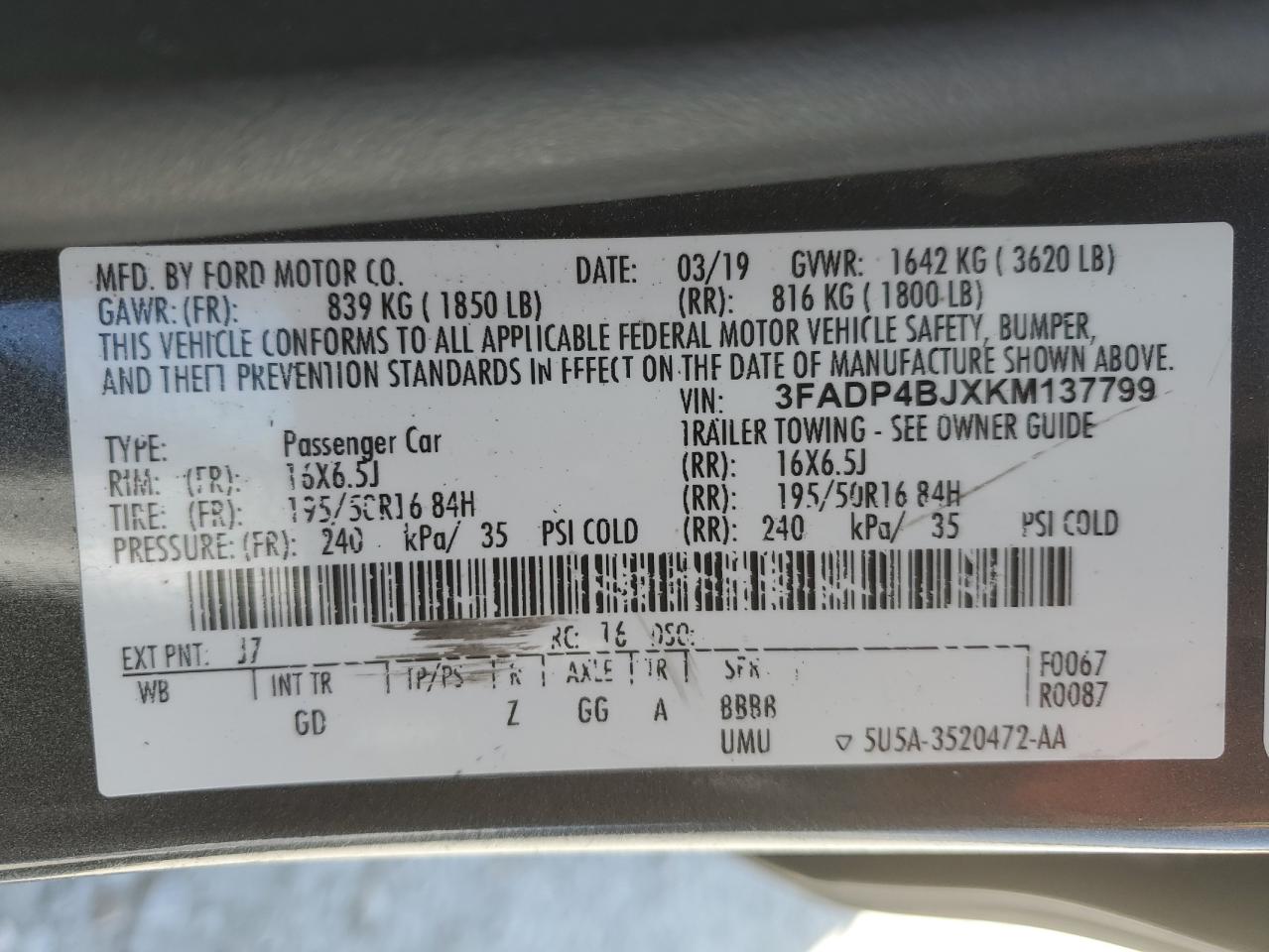 2019 Ford Fiesta Se VIN: 3FADP4BJXKM137799 Lot: 69911325