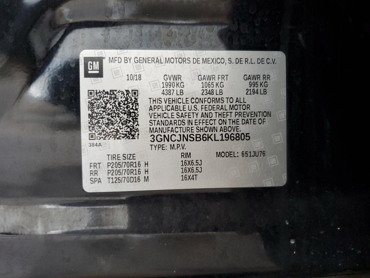 2019 Chevrolet Trax Ls VIN: 3GNCJNSB6KL196805 Lot: 71031945