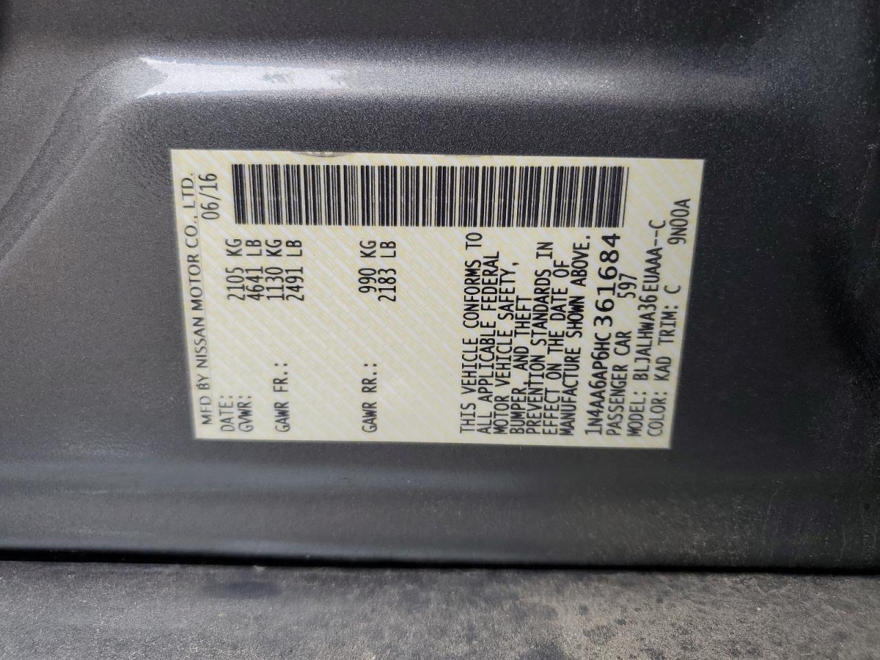 2017 Nissan Maxima 3.5S VIN: 1N4AA6AP6HC361684 Lot: 66276265