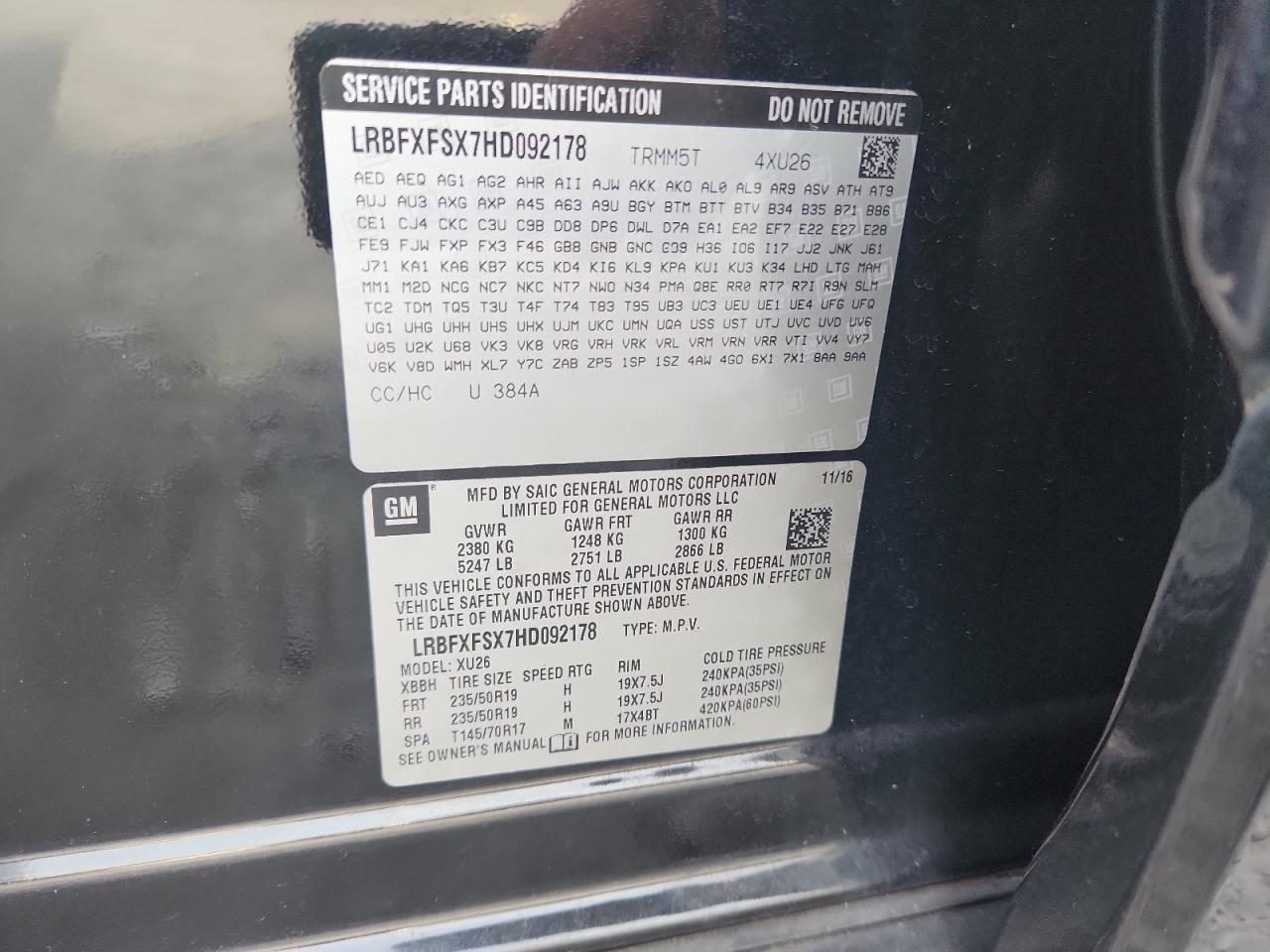 2017 Buick Envision Premium Ii VIN: LRBFXFSX7HD092178 Lot: 69099015