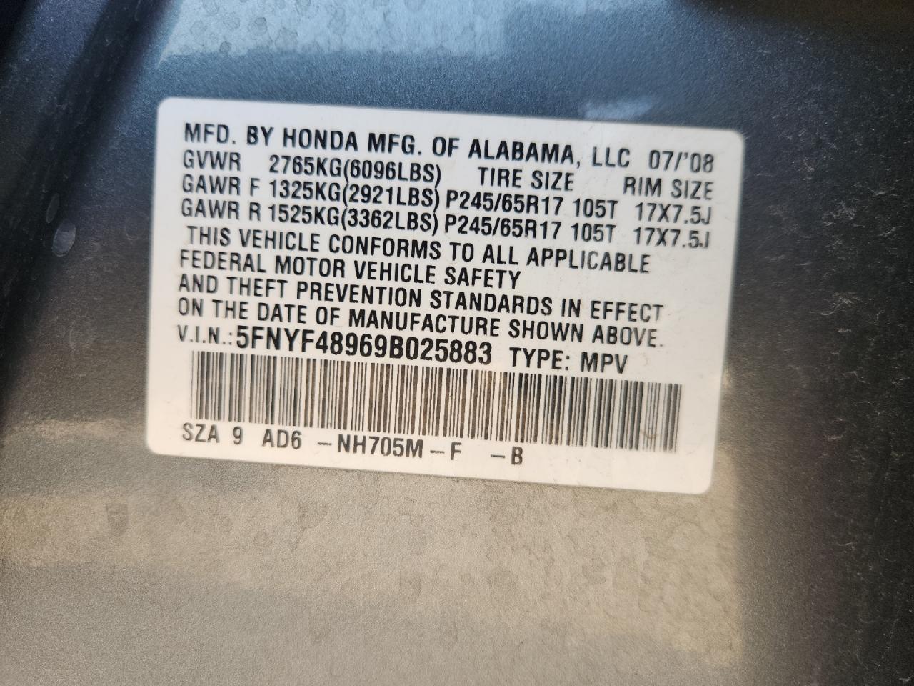 2009 Honda Pilot Touring VIN: 5FNYF48969B025883 Lot: 70923065