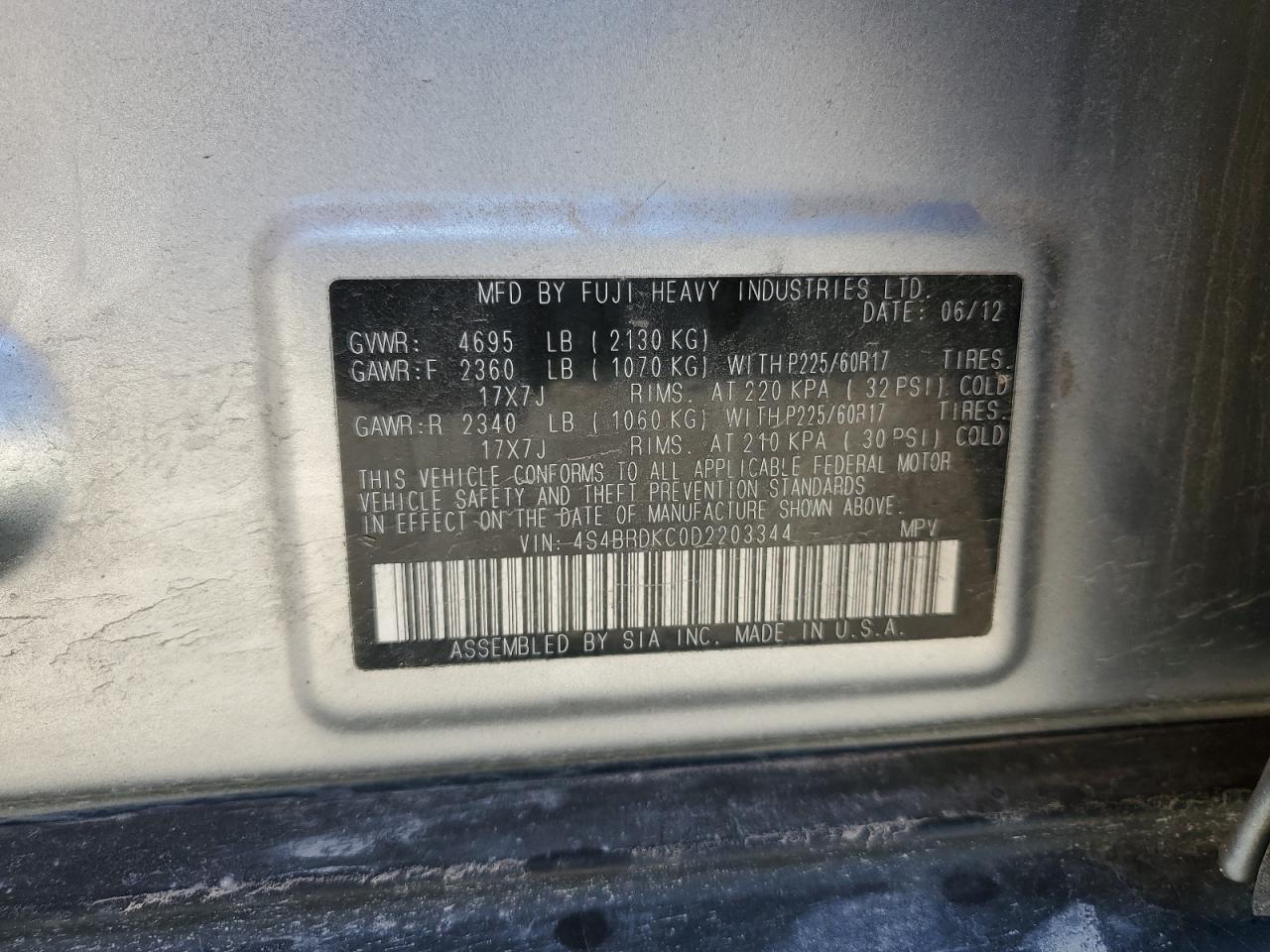 2013 Subaru Outback 3.6R Limited VIN: 4S4BRDKC0D2203344 Lot: 70549255