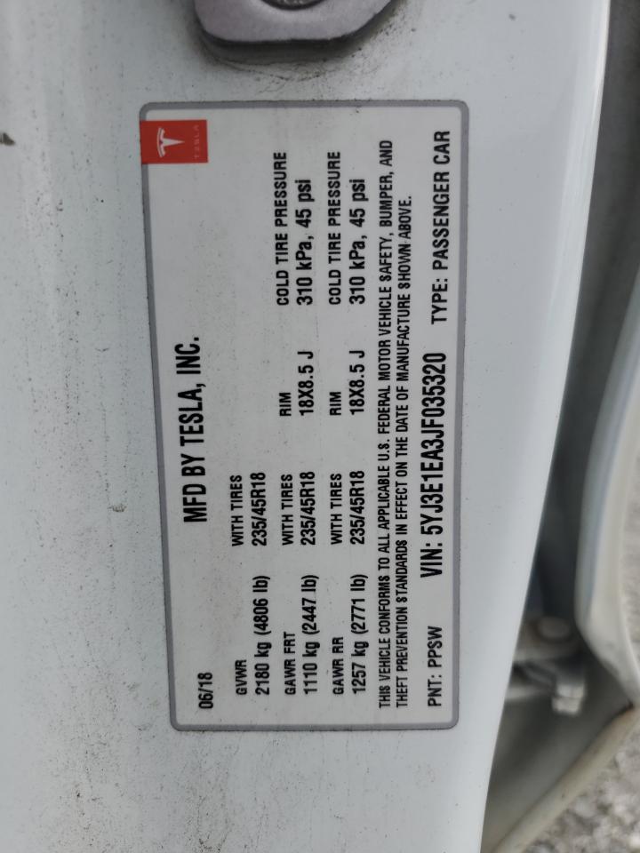 2018 Tesla Model 3 VIN: 5YJ3E1EA3JF035320 Lot: 69177625