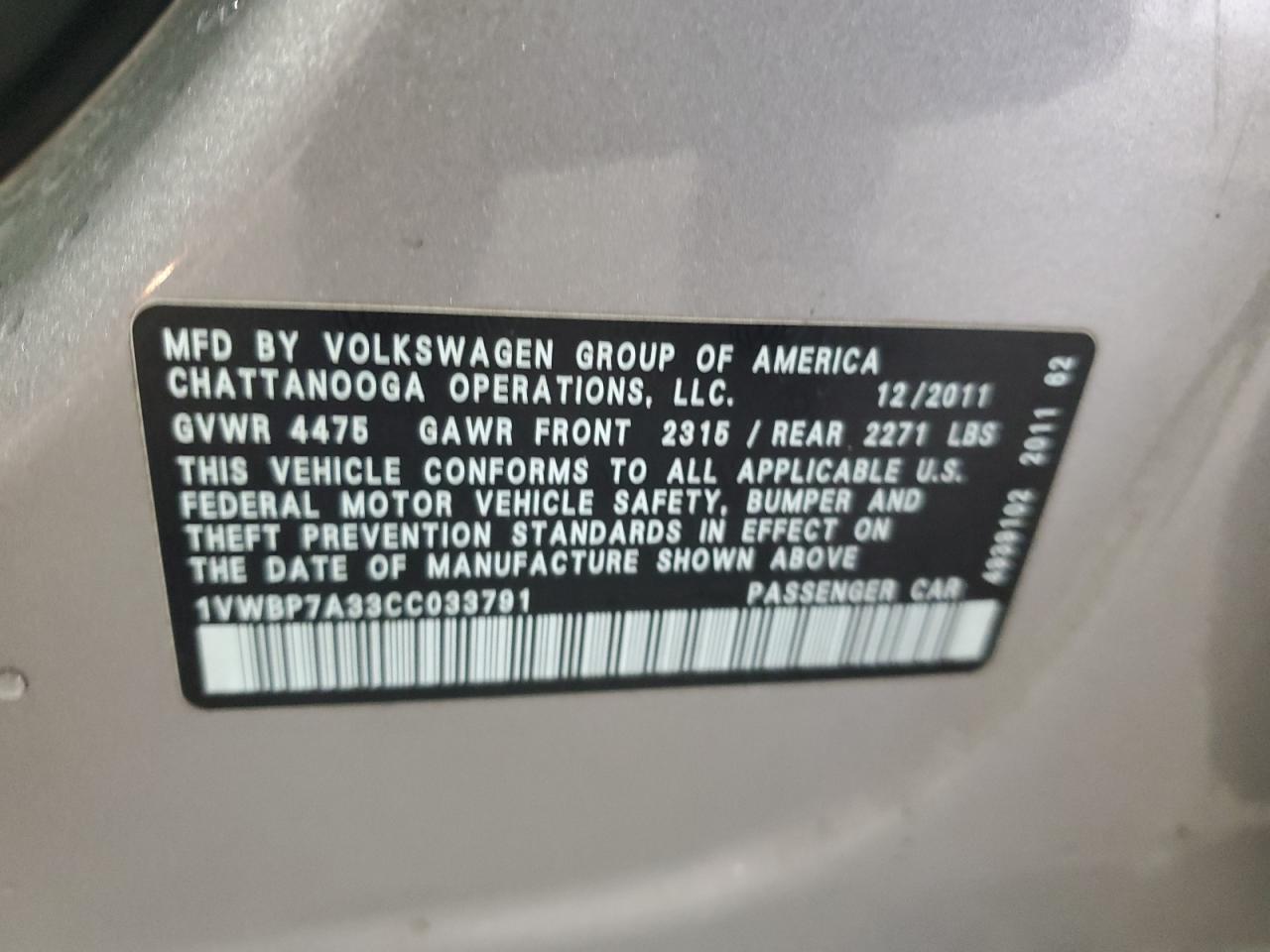 2012 Volkswagen Passat Se VIN: 1VWBP7A33CC033791 Lot: 69104665