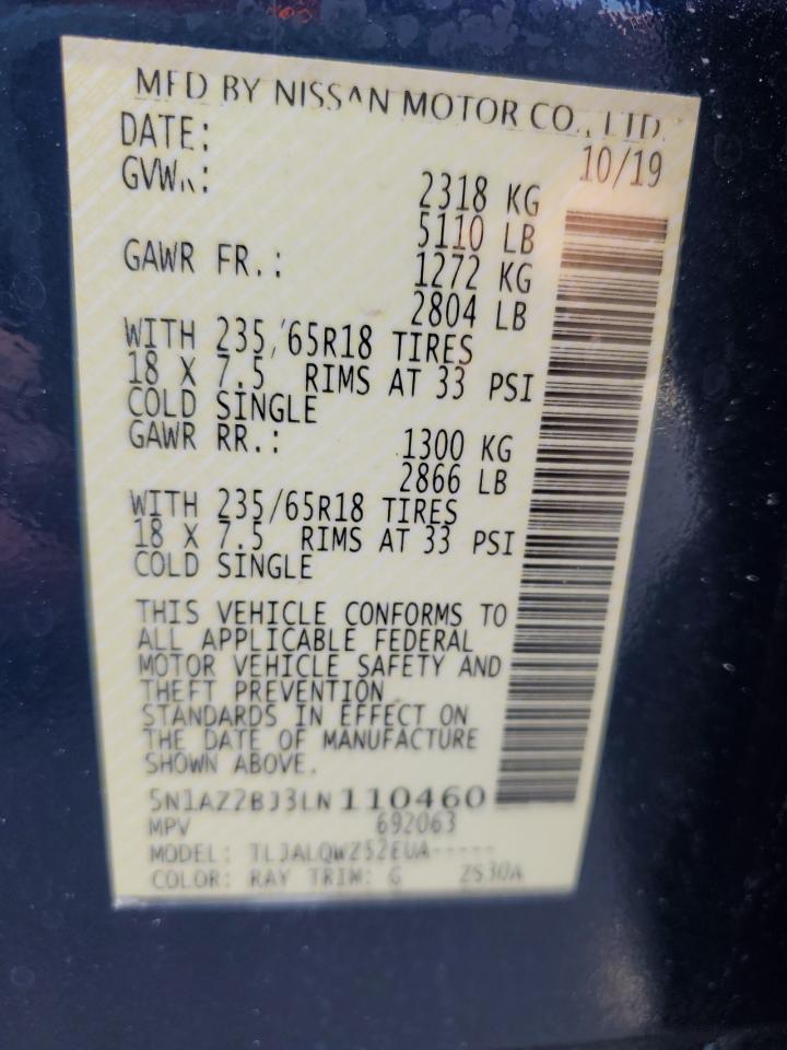 2020 Nissan Murano Sv VIN: 5N1AZ2BJ3LN110460 Lot: 70328595