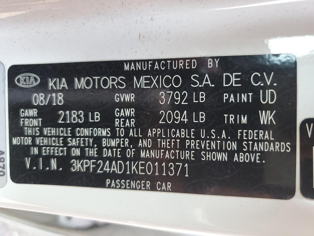 2019 Kia Forte Fe VIN: 3KPF24AD1KE011371 Lot: 70303955