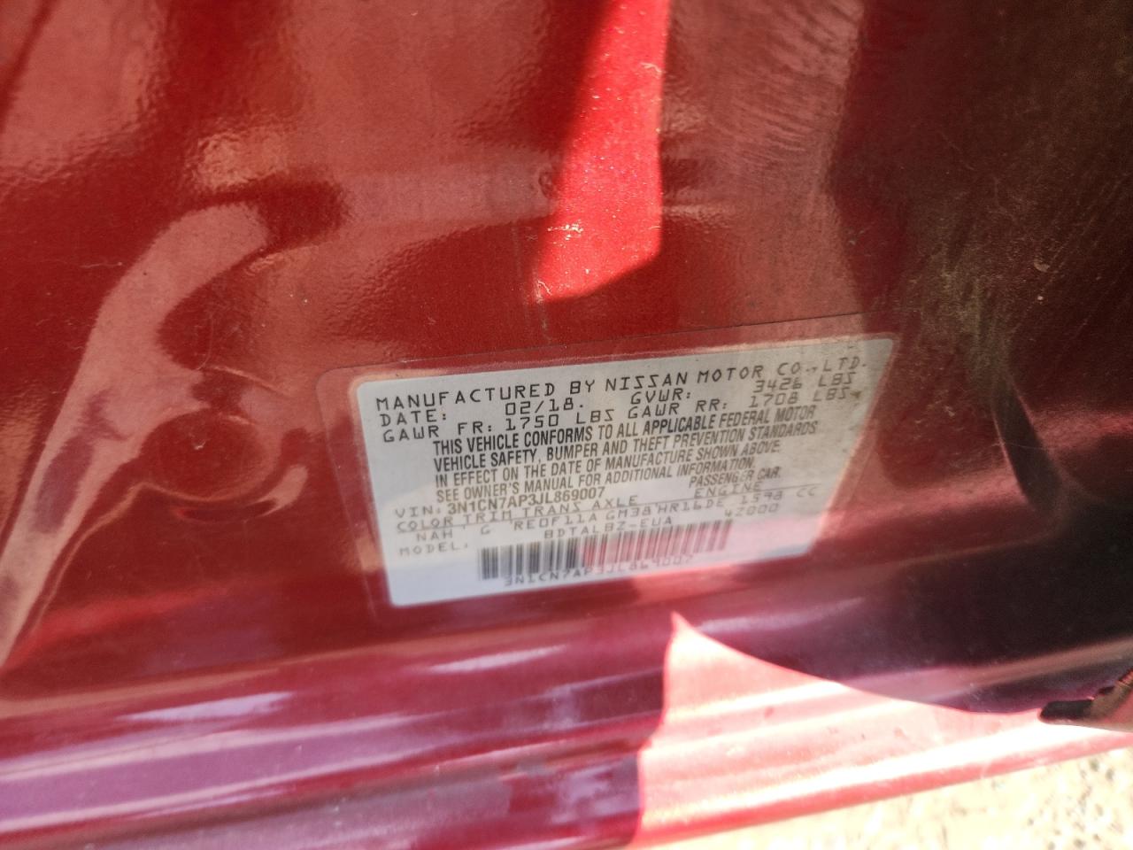 2018 Nissan Versa S VIN: 3N1CN7AP3JL869007 Lot: 69244655