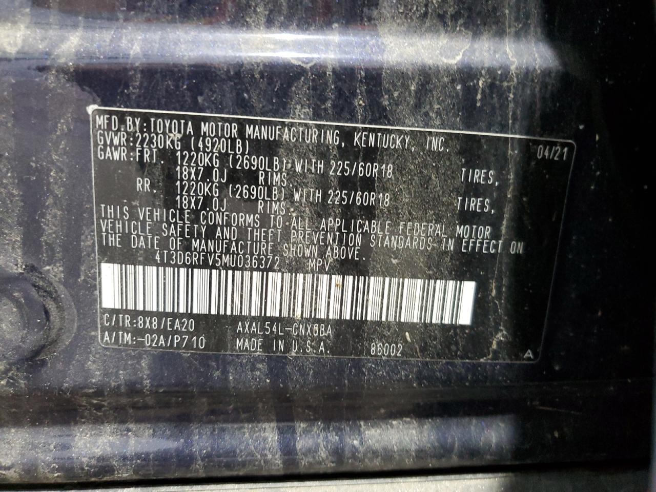 2021 Toyota Rav4 Limited VIN: 4T3D6RFV5MU036372 Lot: 68543055