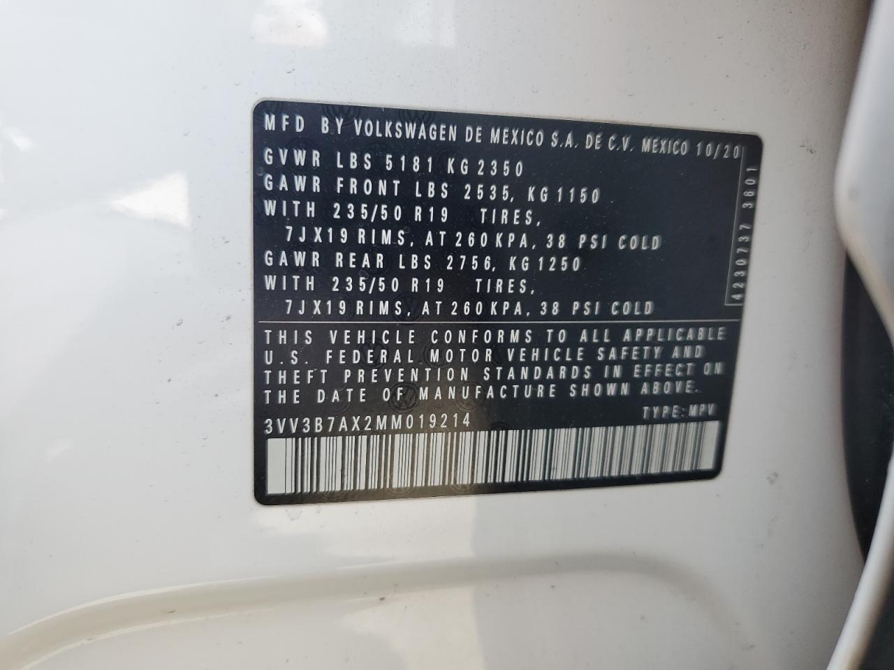 2021 Volkswagen Tiguan Se VIN: 3VV3B7AX2MM019214 Lot: 68558495