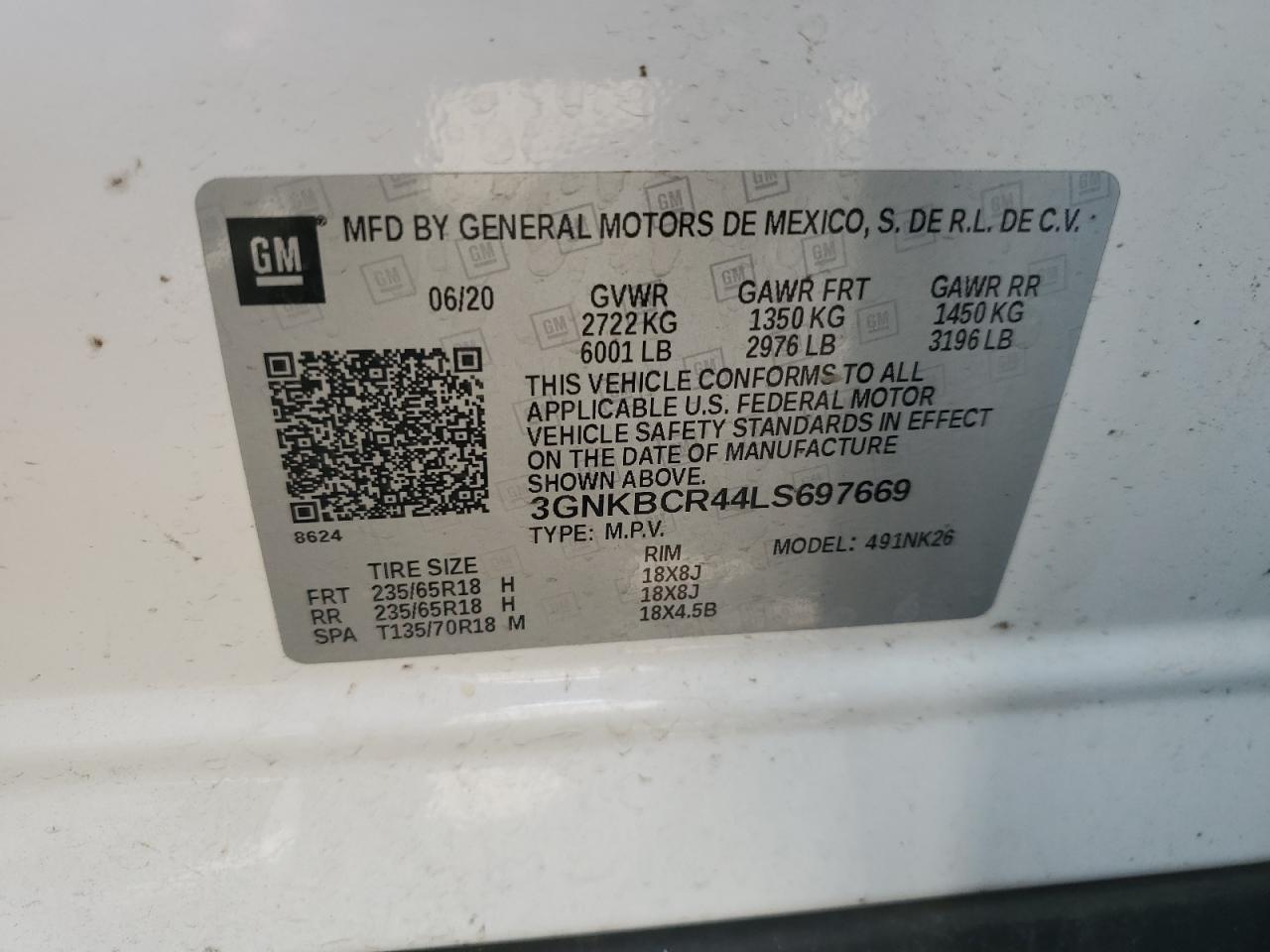 2020 Chevrolet Blazer 2Lt VIN: 3GNKBCR44LS697669 Lot: 68171375