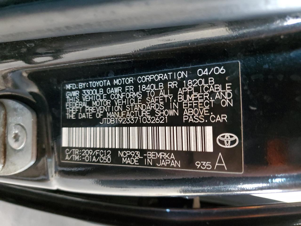 2007 Toyota Yaris VIN: JTDBT923371032621 Lot: 70153605