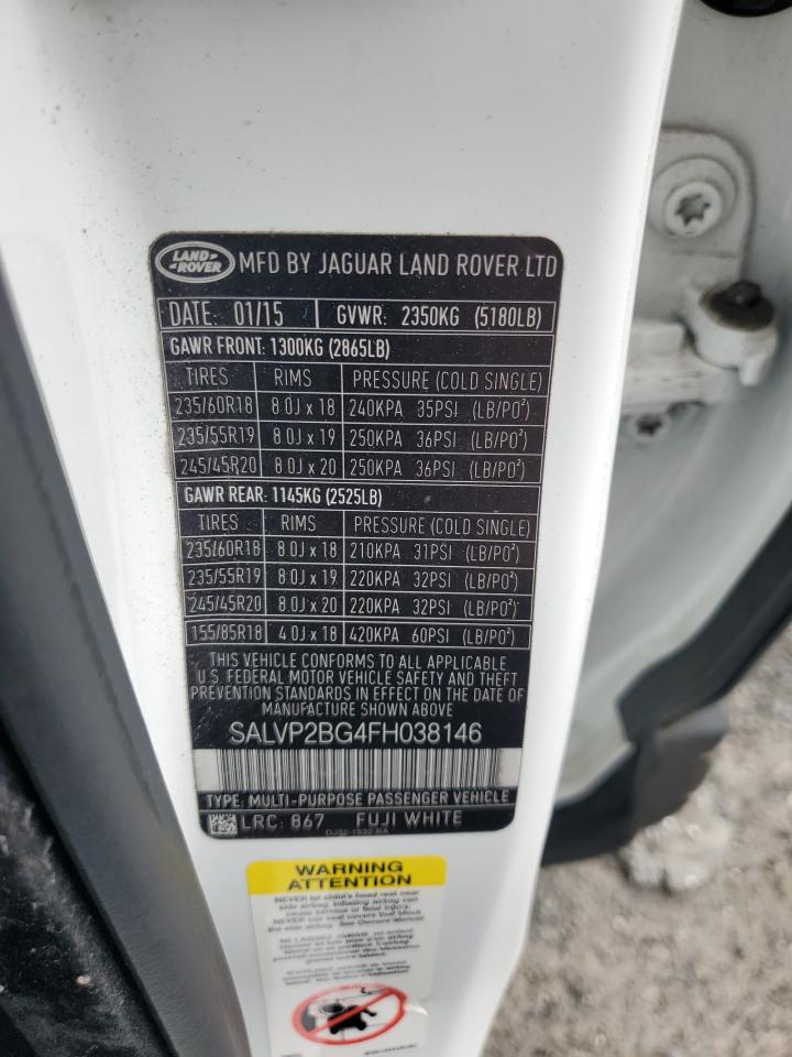 2015 Land Rover Range Rover Evoque Pure Plus VIN: SALVP2BG4FH038146 Lot: 66727795