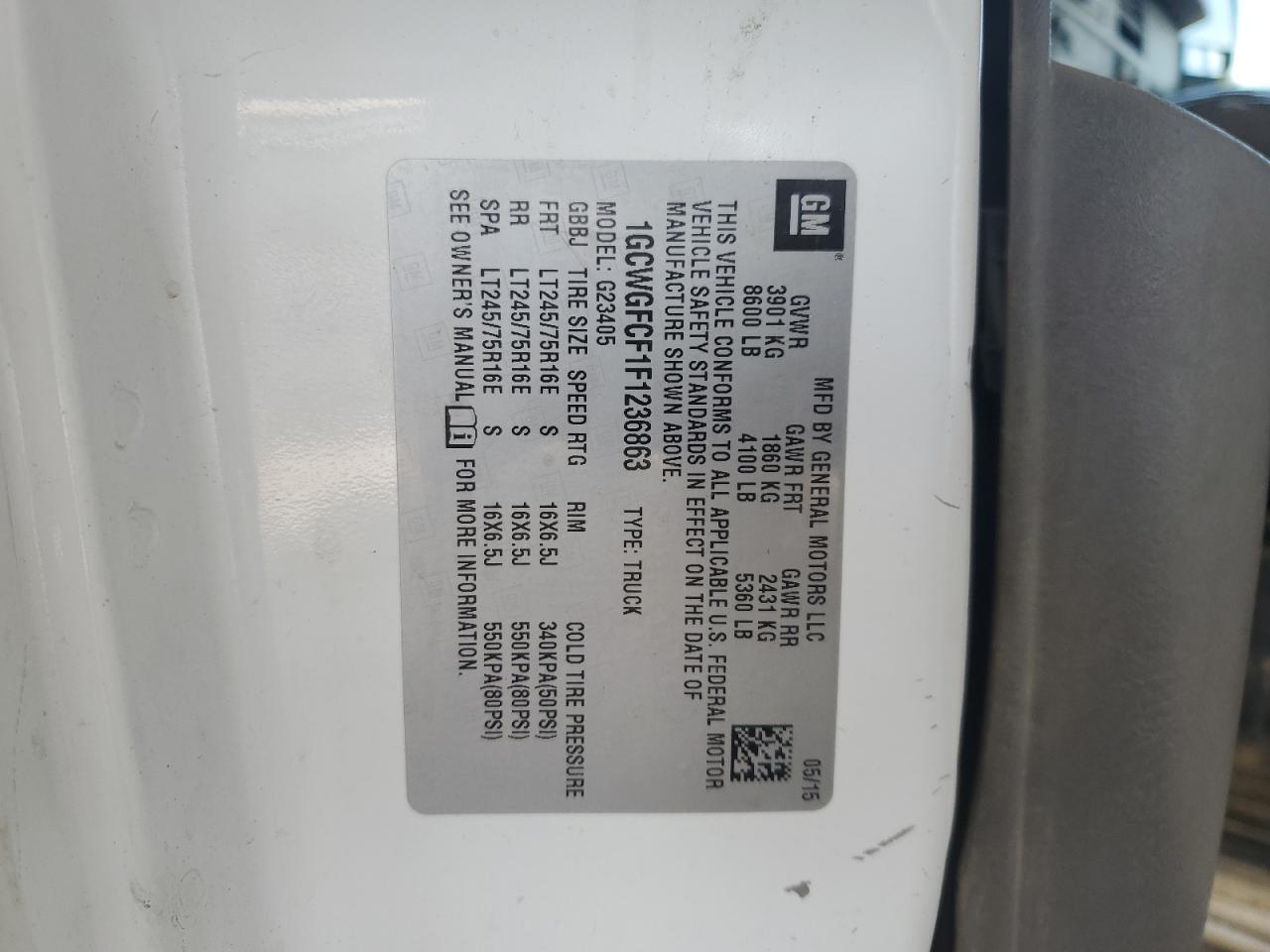 2015 Chevrolet Express G2500 VIN: 1GCWGFCF1F1236863 Lot: 68254605