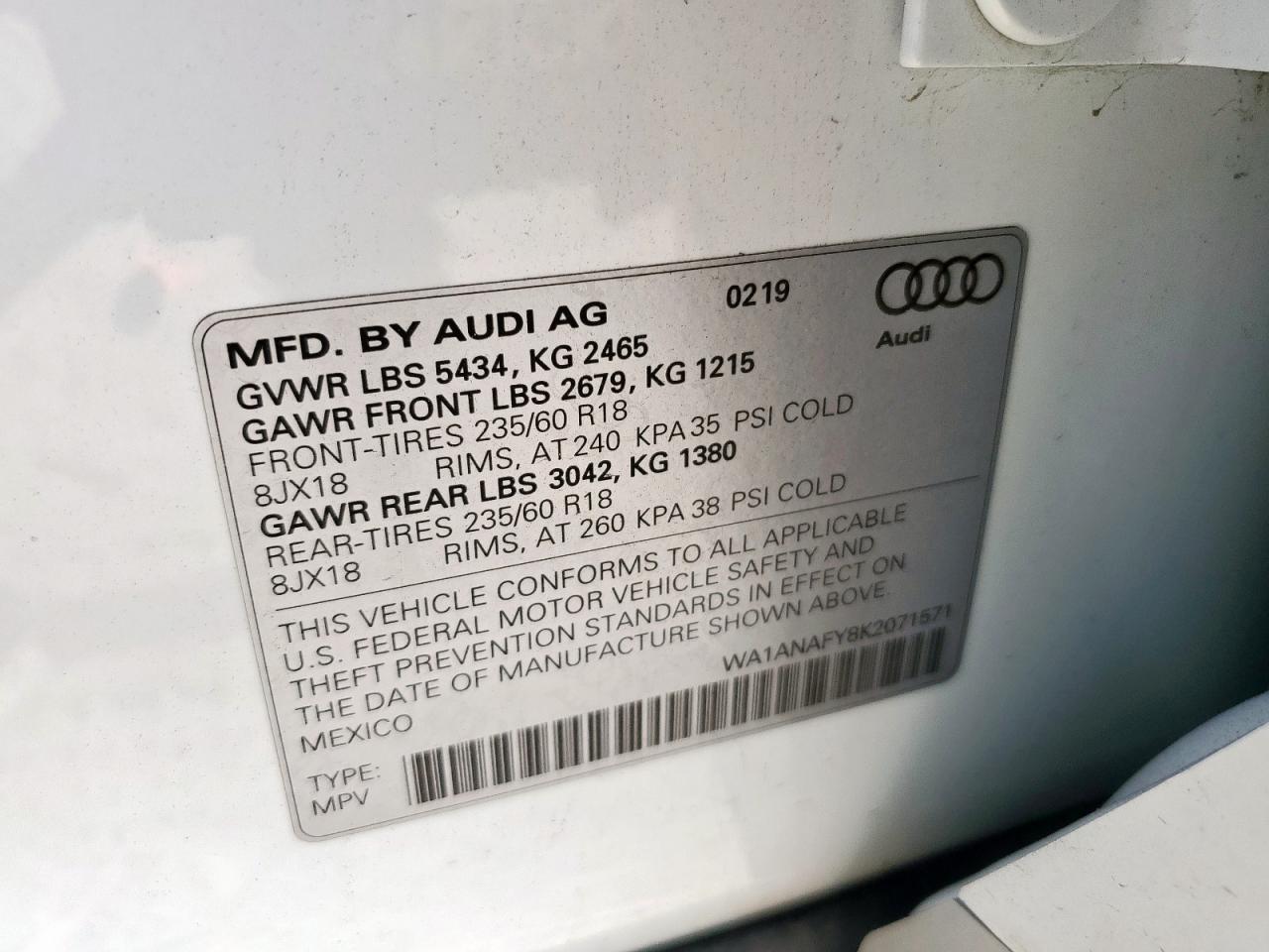 2019 Audi Q5 Premium VIN: WA1ANAFY8K2071571 Lot: 70579185