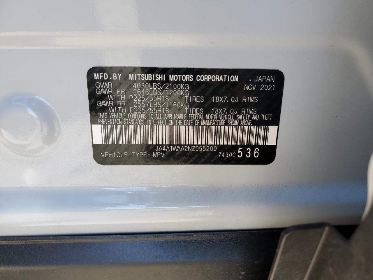 2022 Mitsubishi Eclipse Cross Se VIN: JA4ATWAA2NZ055200 Lot: 70153845