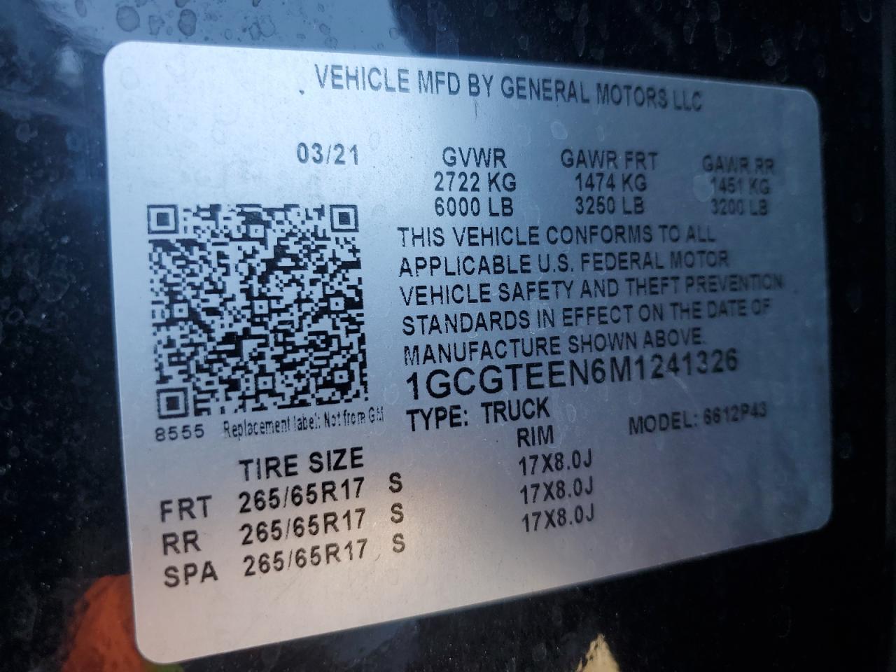 2021 Chevrolet Colorado Zr2 VIN: 1GCGTEEN6M1241326 Lot: 68558795