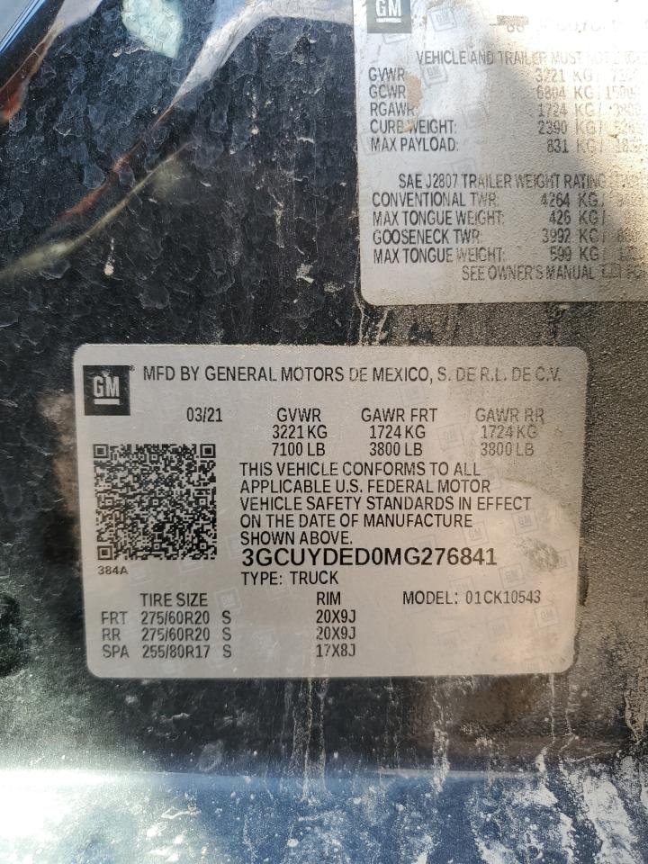 2021 Chevrolet Silverado K1500 Lt VIN: 3GCUYDED0MG276841 Lot: 69850115