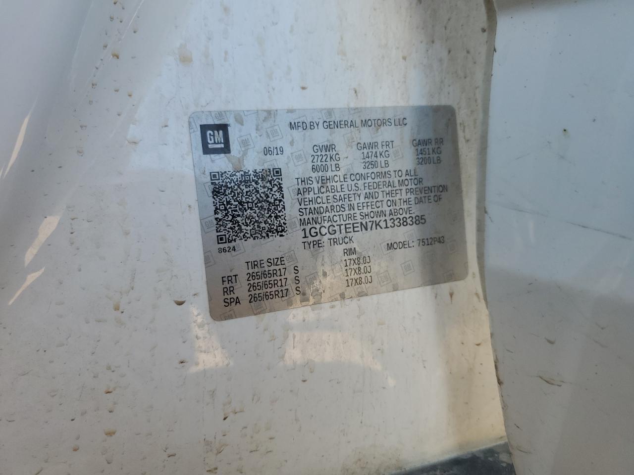 2019 Chevrolet Colorado Zr2 VIN: 1GCGTEEN7K1338385 Lot: 69813195