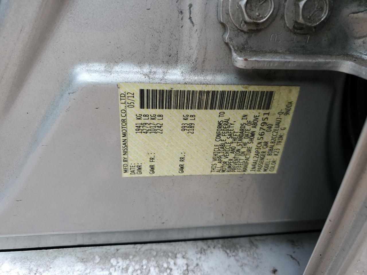 2011 Nissan Altima Base VIN: 1N4AL2AP3CN567951 Lot: 68228225