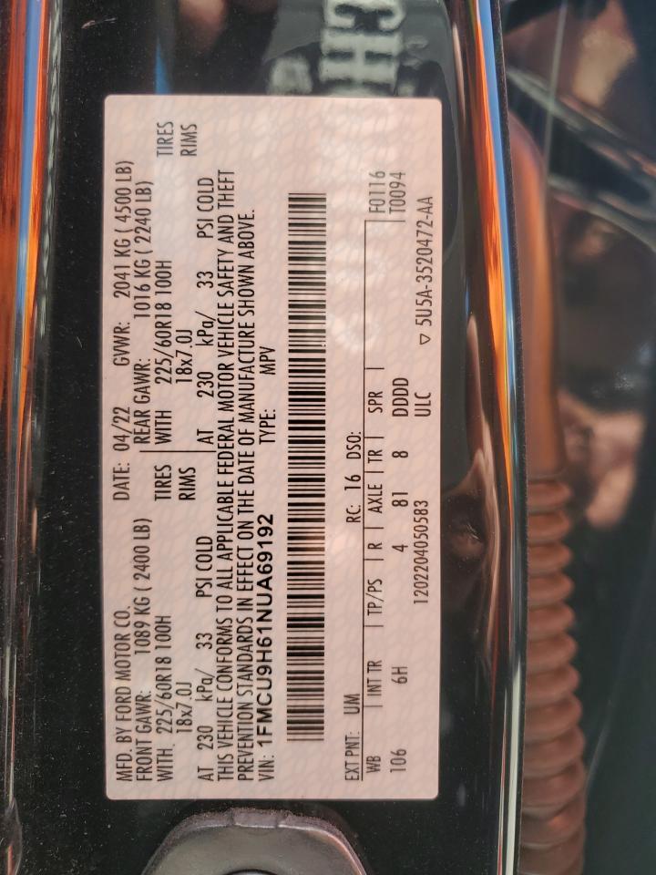 2022 Ford Escape Sel VIN: 1FMCU9H61NUA69192 Lot: 70020025