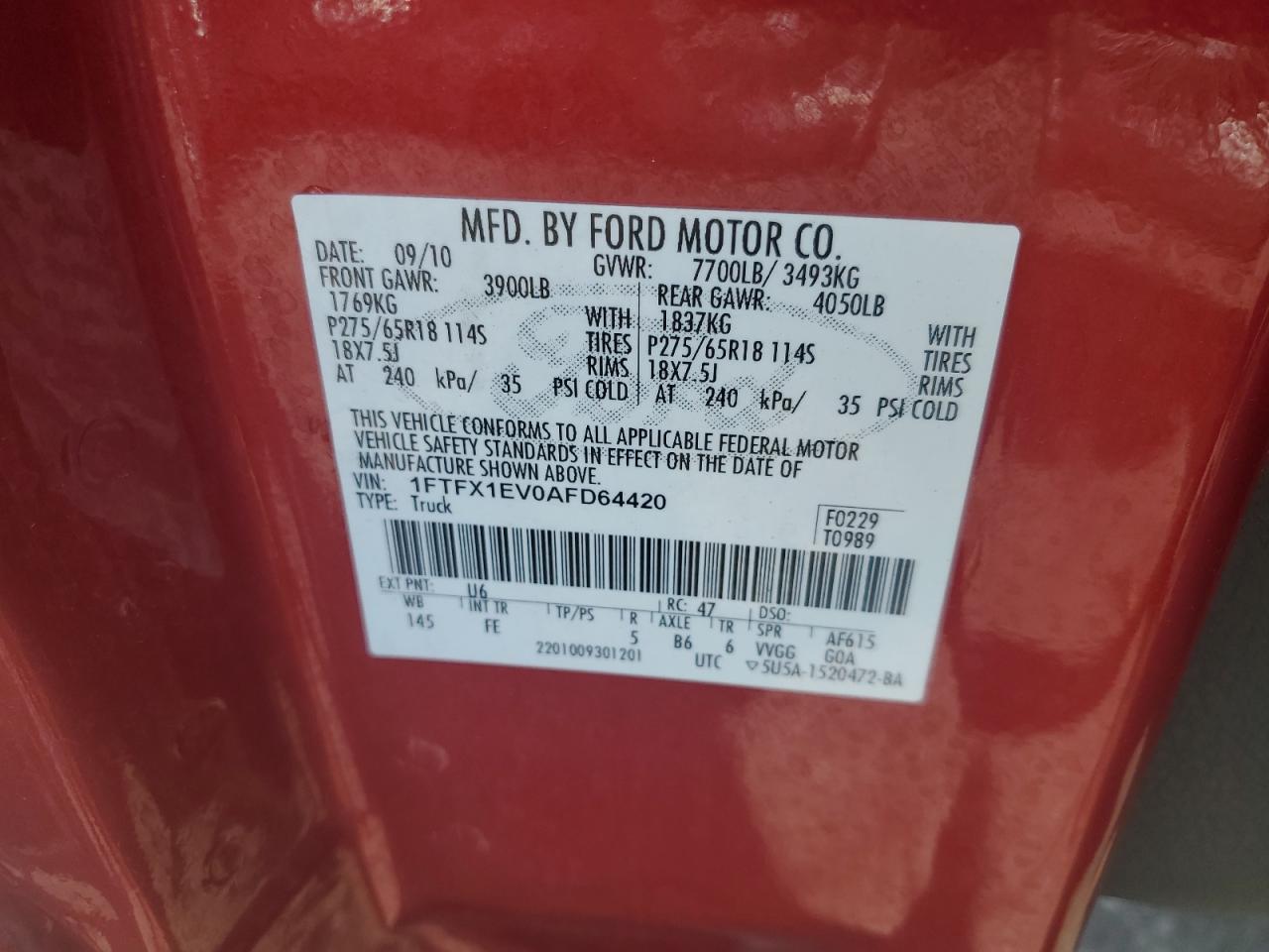 2010 Ford F150 Super Cab VIN: 1FTFX1EV0AFD64420 Lot: 67927755