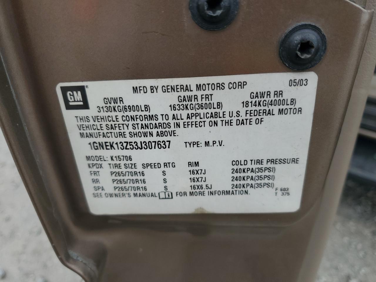 2003 Chevrolet Tahoe K1500 VIN: 1GNEK13Z53J307637 Lot: 70105315