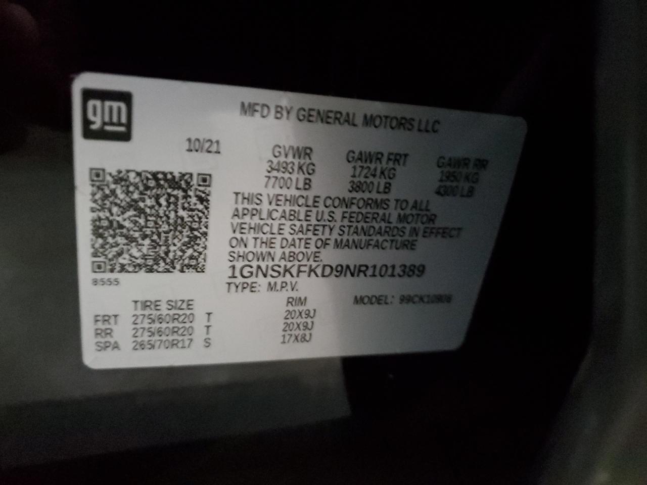 2022 Chevrolet Suburban K1500 Premier VIN: 1GNSKFKD9NR101389 Lot: 69605415