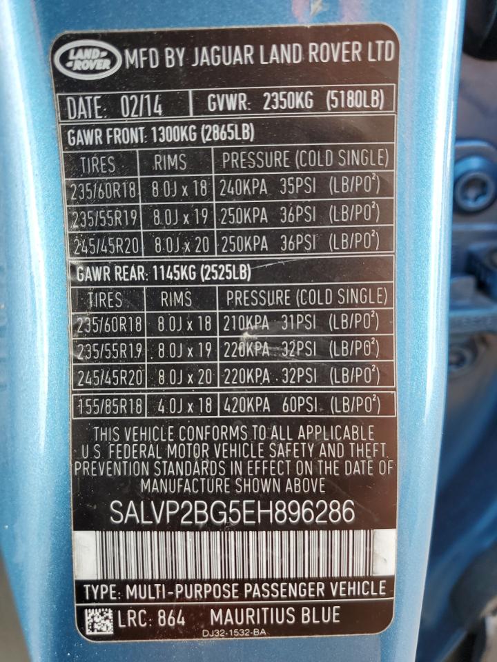 2014 Land Rover Range Rover Evoque Pure Plus VIN: SALVP2BG5EH896286 Lot: 70854495